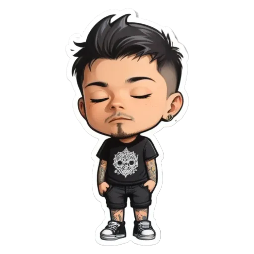 A boy is standing with his hands on his hips and a skull is on his shirt.