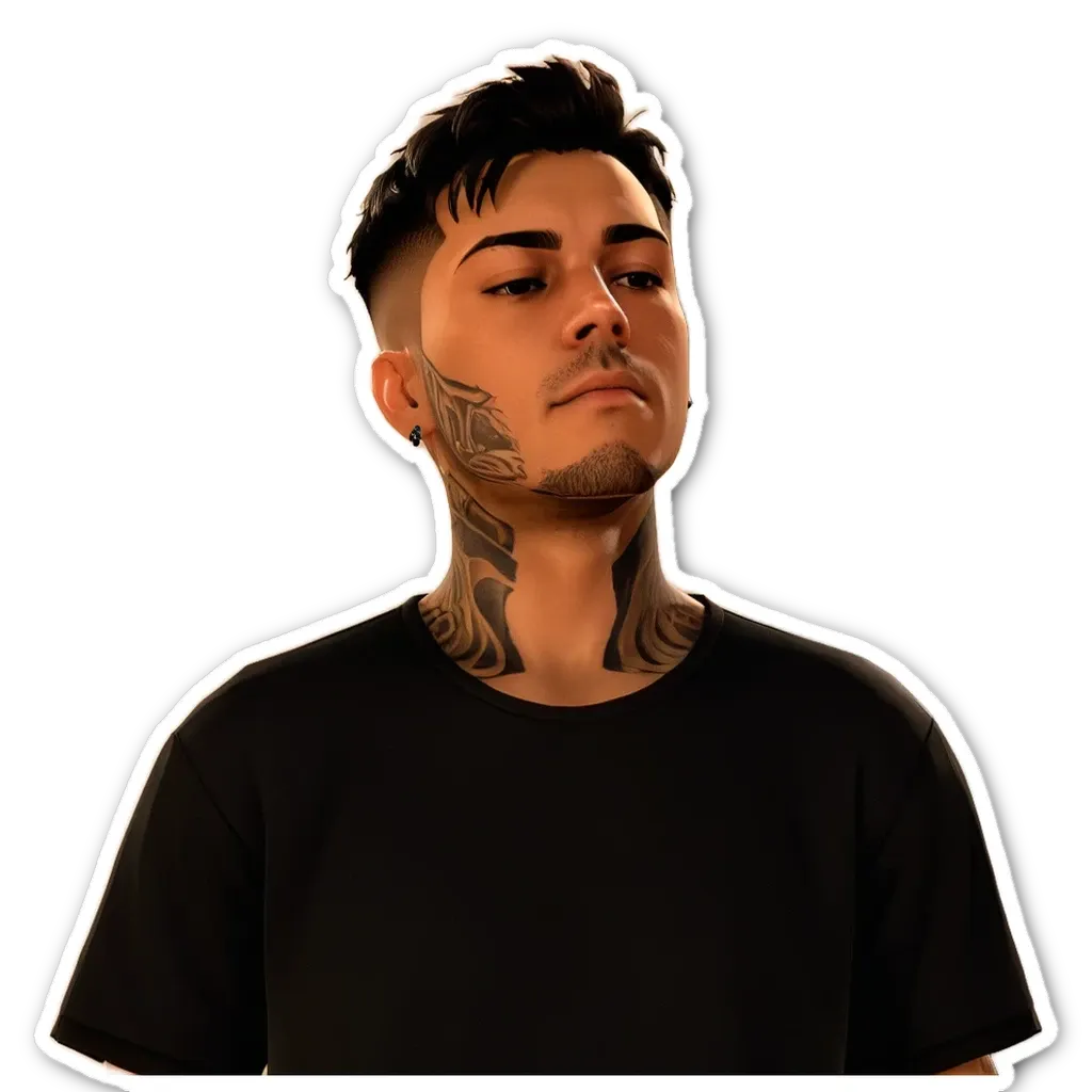 A young man with a shaved head, tattoos, and a serious look on his face.