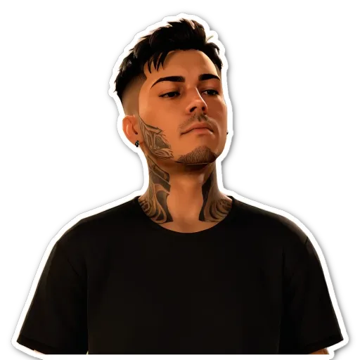 A young man with a shaved head, tattoos, and a serious look on his face.