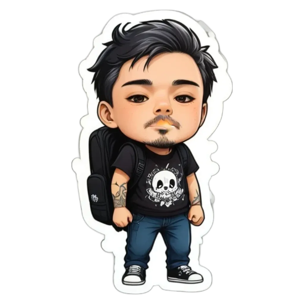 A boy wearing a black shirt with a backpack and skull on it.