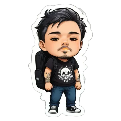 A boy wearing a black shirt with a backpack and skull on it.