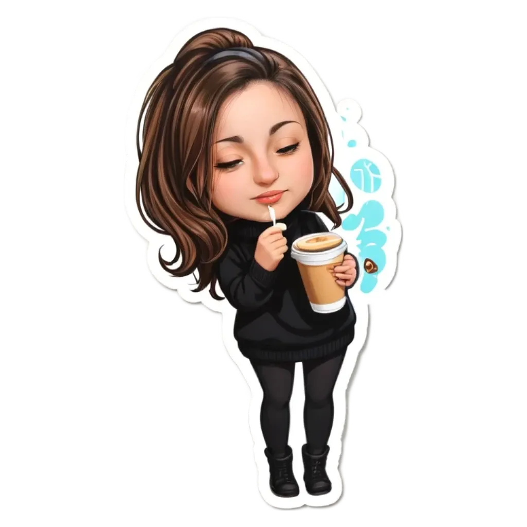 A girl drinking from a coffee cup with a sticker of her drinking from a coffee cup.