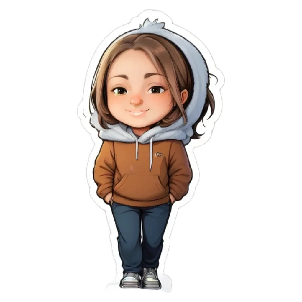 A cartoon girl wearing a brown jacket and blue jeans.