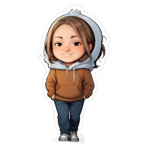 A cartoon girl wearing a brown jacket and blue jeans.
