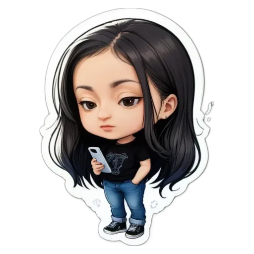 A girl is holding a cell phone and wearing a black shirt.