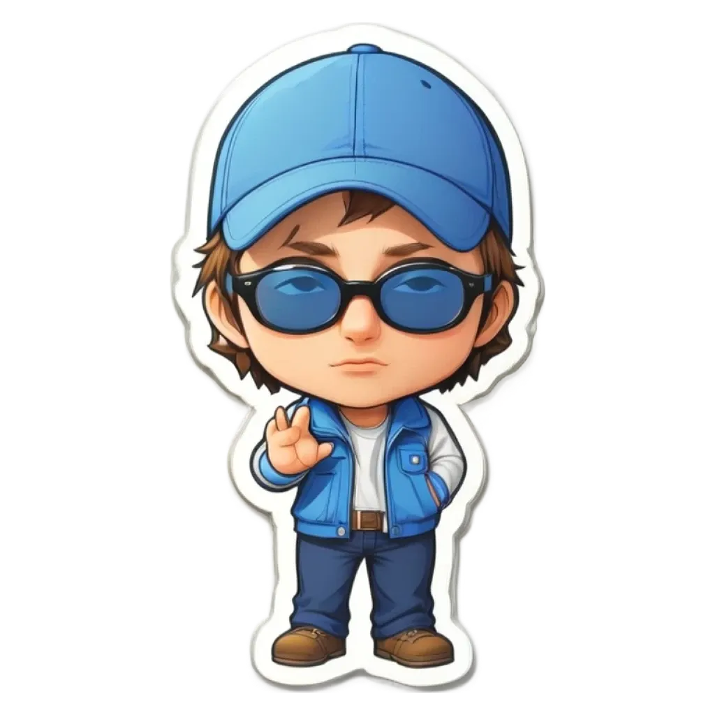 A boy in blue hat and sunglasses is standing with his hand in the air.