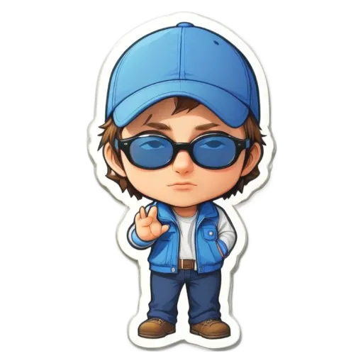 A boy in blue hat and sunglasses is standing with his hand in the air.