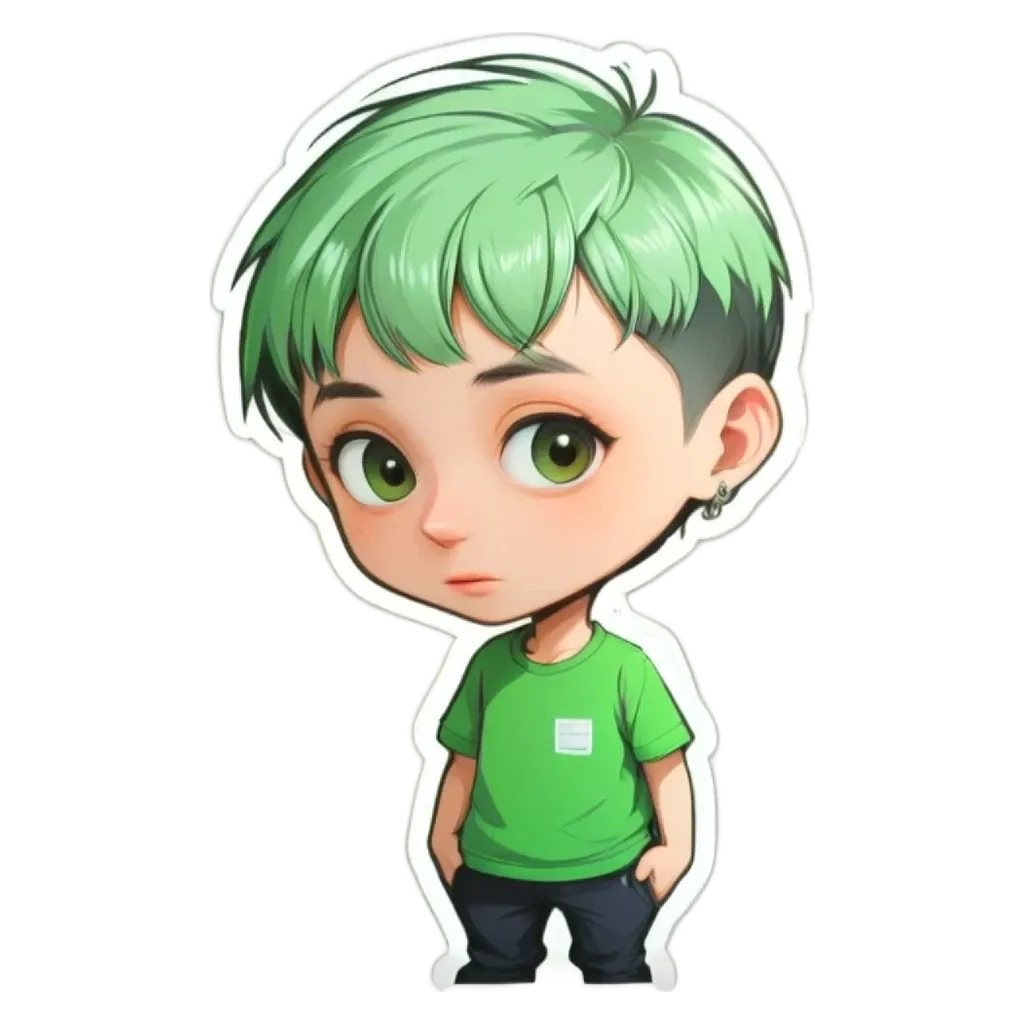 A boy with green hair and wearing a green shirt standing with his hands in his pockets.