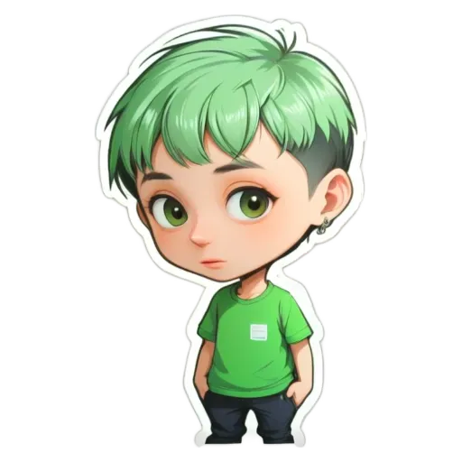 A boy with green hair and wearing a green shirt standing with his hands in his pockets.