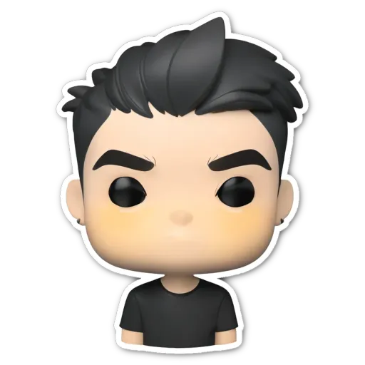 A sticker of a black boy with black hair and a black shirt.