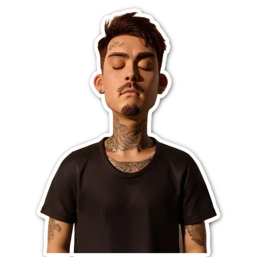 A black and white picture of a man with tattoos.