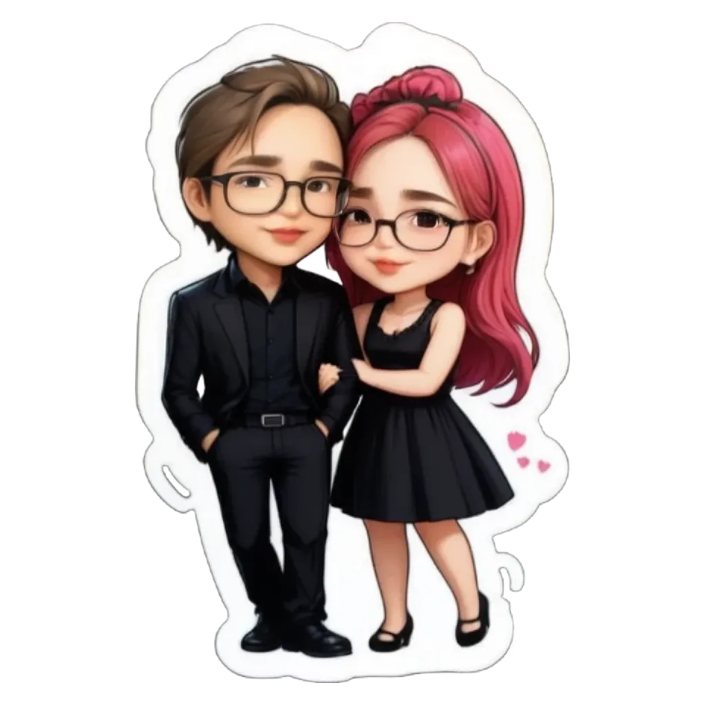 A girl and boy cartoon characters wearing glasses and a black dress.