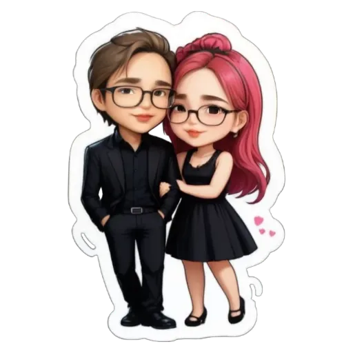 A girl and boy cartoon characters wearing glasses and a black dress.