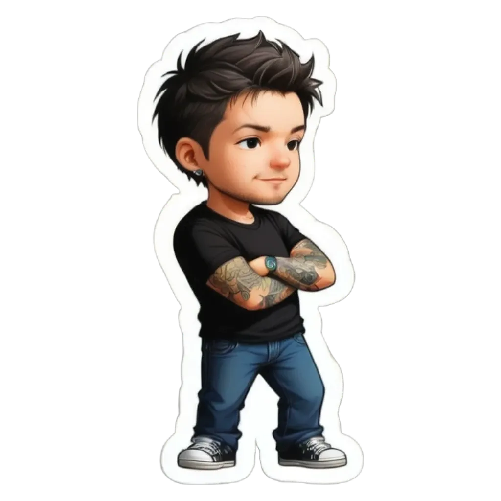 A boy wearing a black shirt and blue jeans.