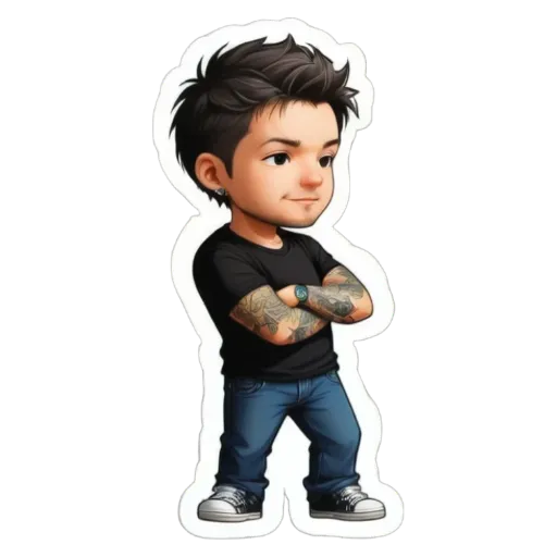 A boy wearing a black shirt and blue jeans.