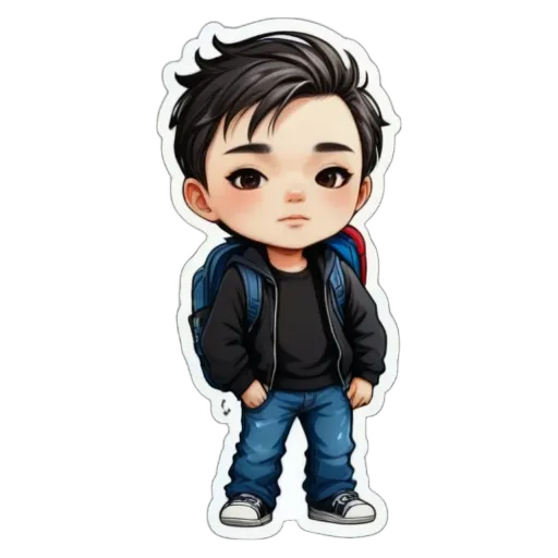 A boy wearing a backpack and black jacket.