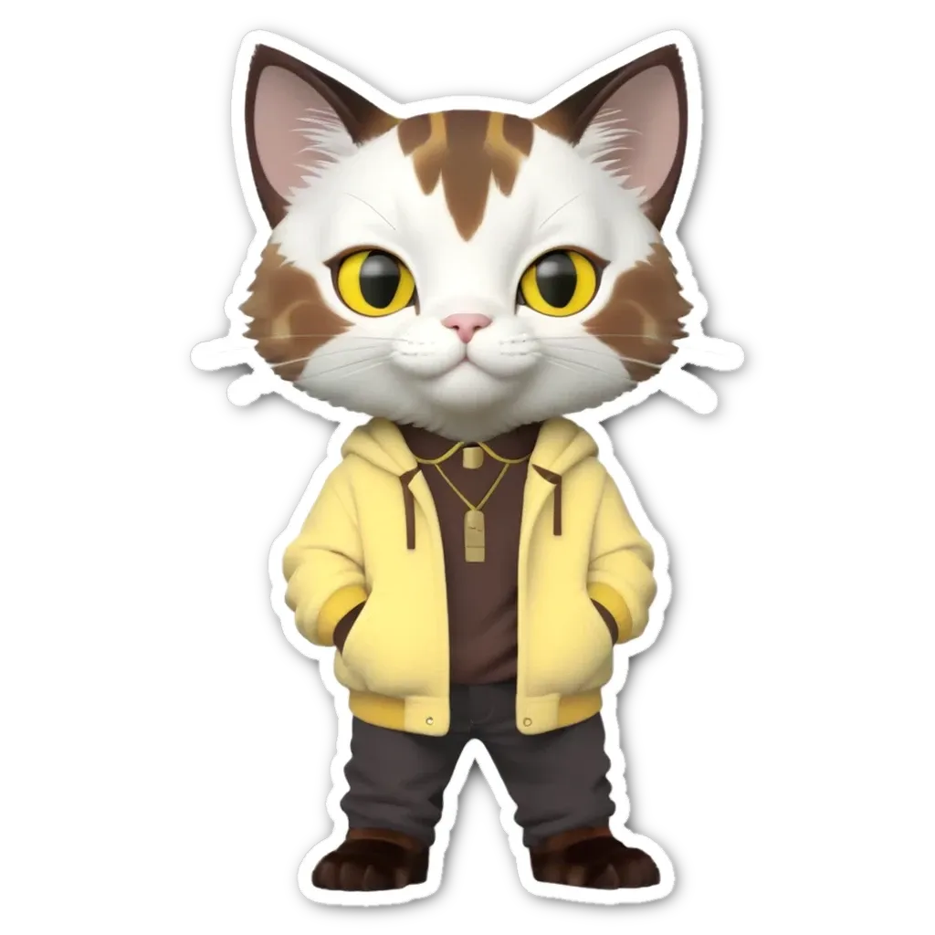 A cartoon cat wearing a yellow jacket and jeans.