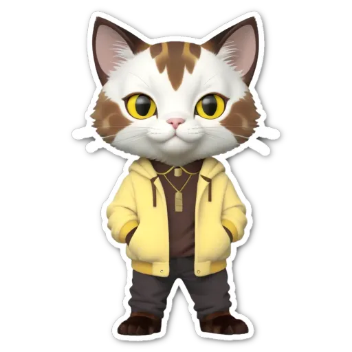 A cartoon cat wearing a yellow jacket and jeans.