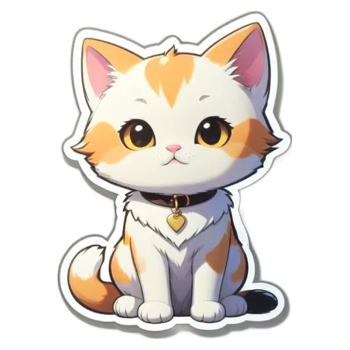 A cat with a collar and whiskers is sitting on a black and white background.