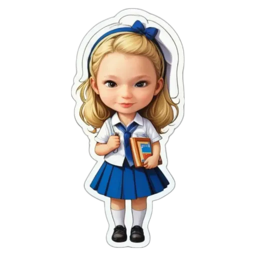 A girl wearing a blue and white school uniform.