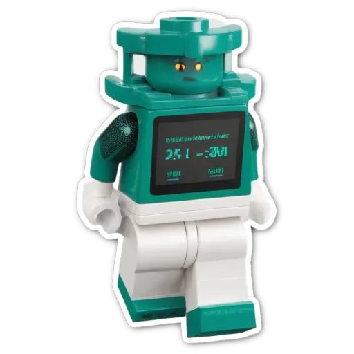 A lego robot that has a screen on it.