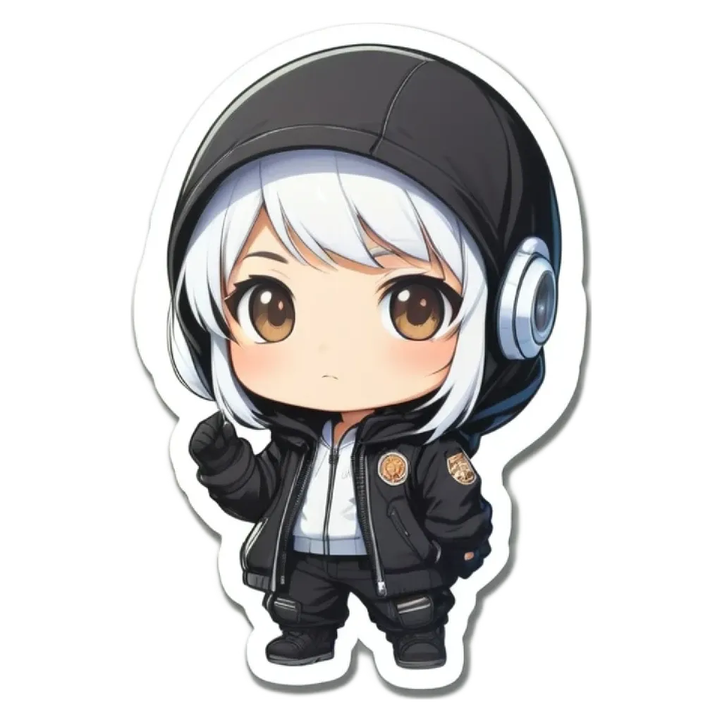 A girl wearing a black jacket and white pants with a black helmet sticker.