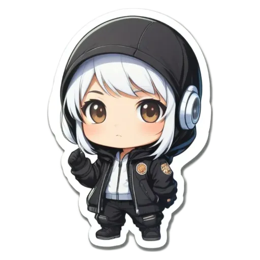 A girl wearing a black jacket and white pants with a black helmet sticker.