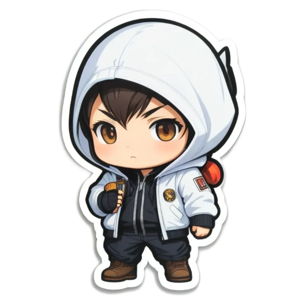 A boy is wearing a white jacket and holding a cup.