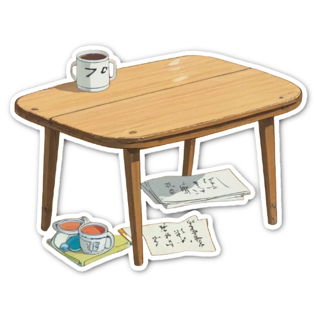 A cartoon drawing of a table with a cup on it.