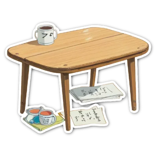 A cartoon drawing of a table with a cup on it.