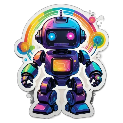 A colorful sticker of a robot with rainbow colored eyes.