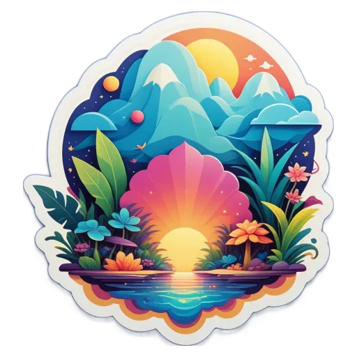 A colorful sticker of a shell with plants and animals.
