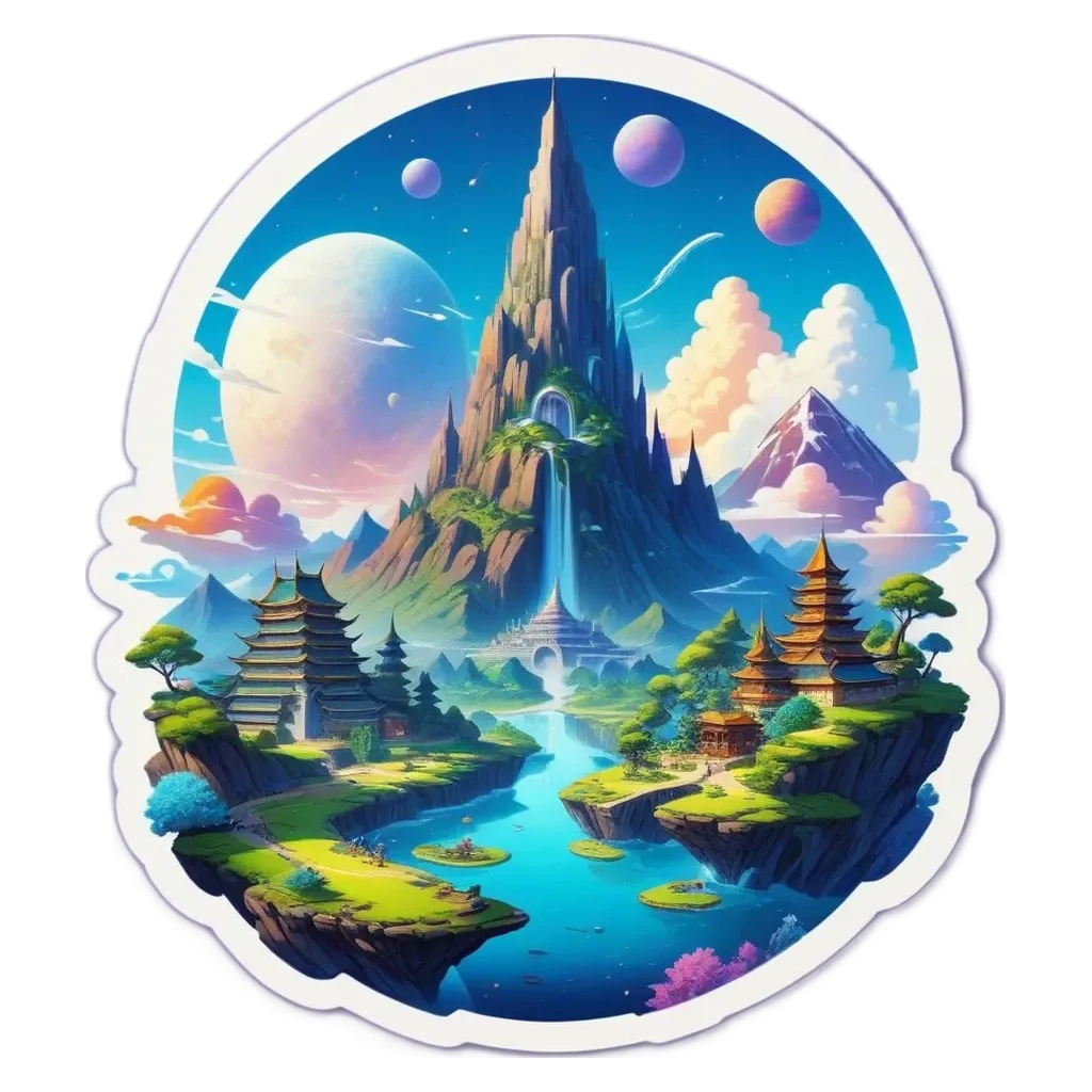 A painting of a landscape with a mountain and river with buildings in the background.