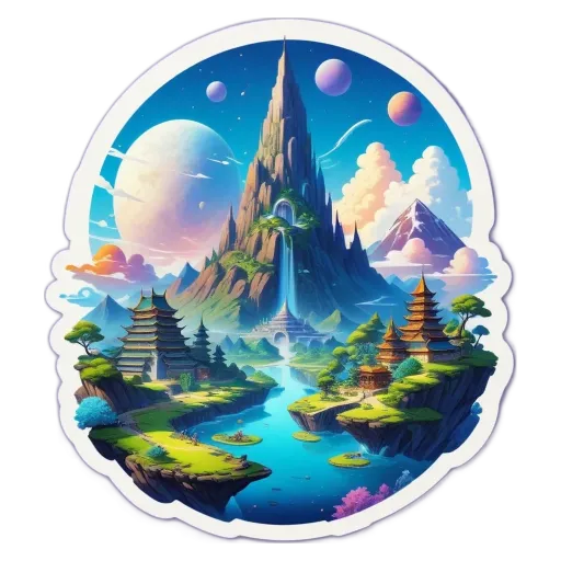 A painting of a landscape with a mountain and river with buildings in the background.