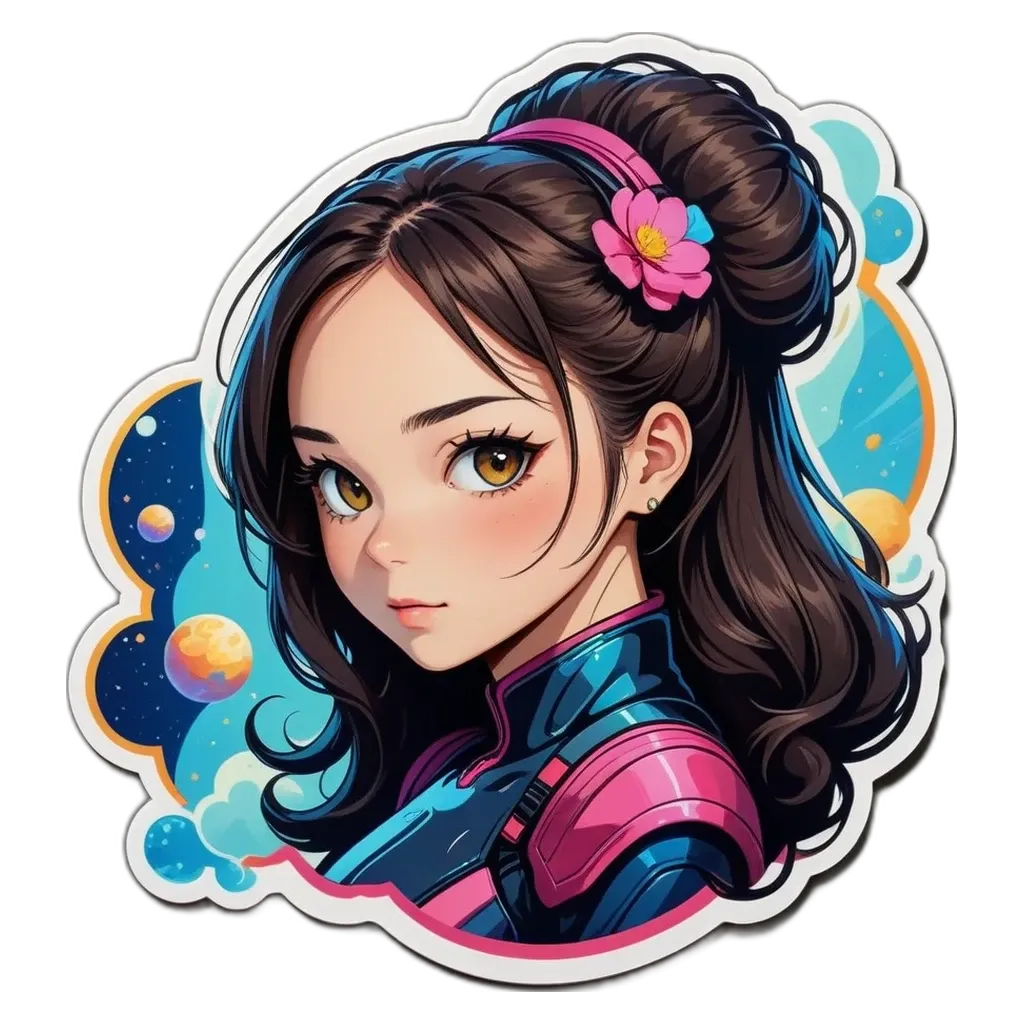 A sticker of a girl with a flower in her hair that is on a black background.