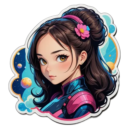 A sticker of a girl with a flower in her hair that is on a black background.