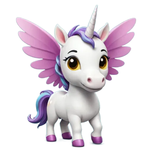 A cartoon image of a white unicorn with blue eyes and pink wings.