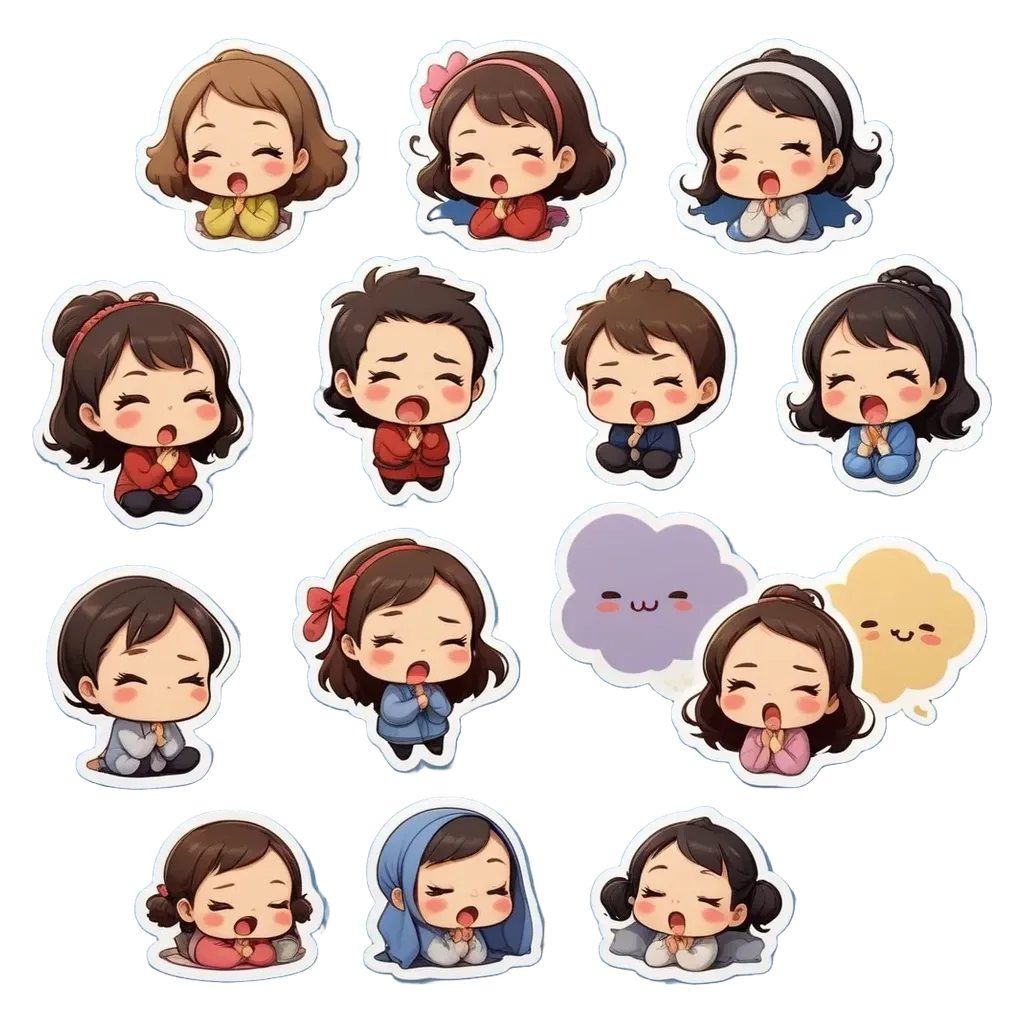 A collection of boy and girl stickers praying.