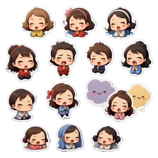 A collection of boy and girl stickers praying.
