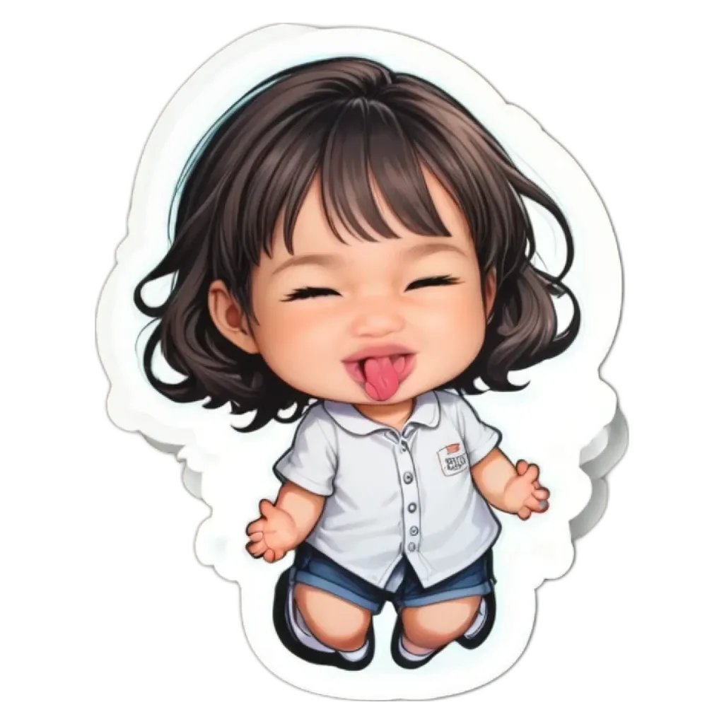 A girl with a tongue in her mouth is wearing a white shirt and blue shorts.