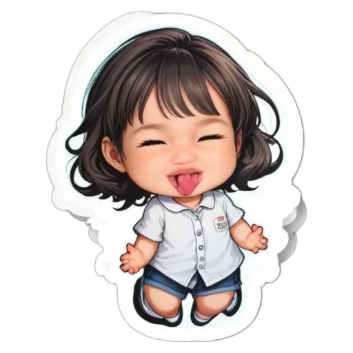 A girl with a tongue in her mouth is wearing a white shirt and blue shorts.