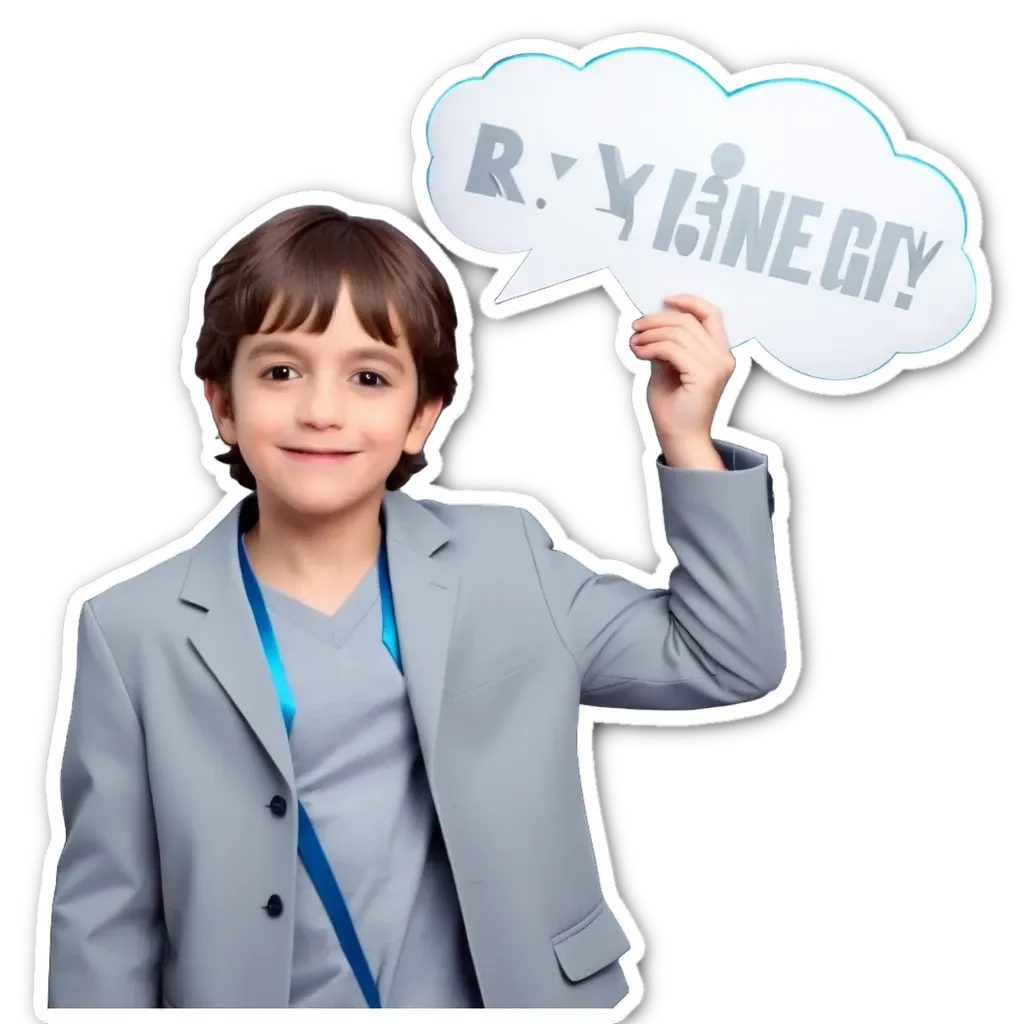 A boy in a grey suit holding a cloud with the word "rvyzeneg" on it.
