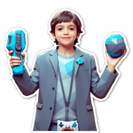 A boy wearing a suit holding game controllers.