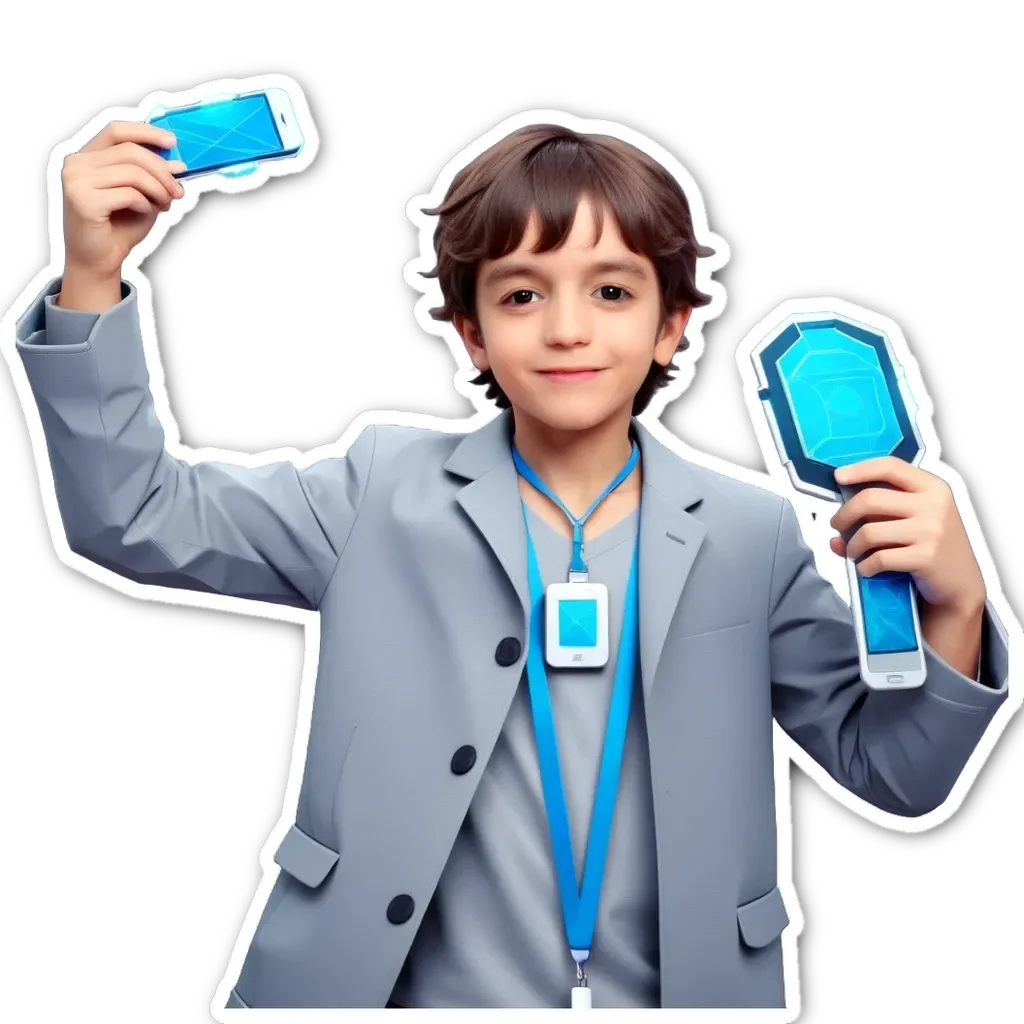 A boy is holding up a blue and white object with a lanyard around his neck.