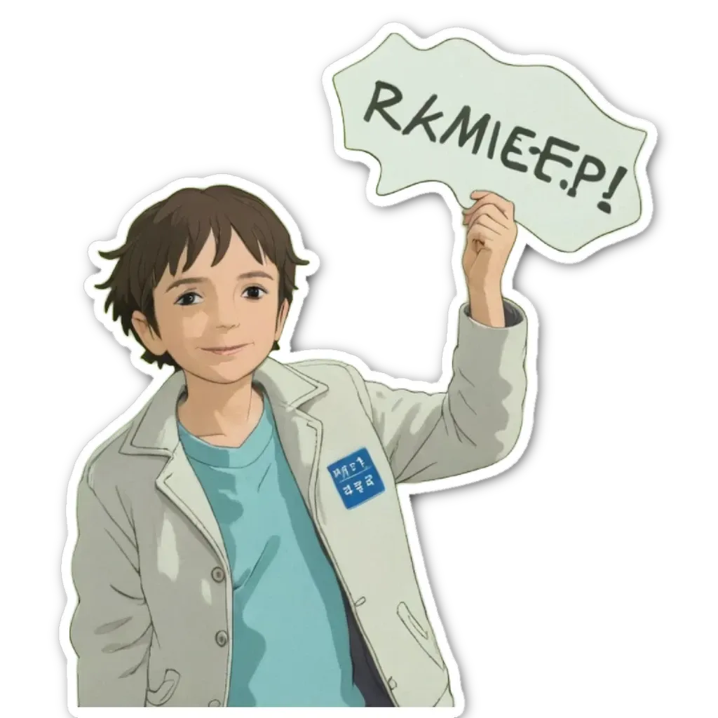 A boy wearing a lab coat holds a sign that says RKMEEEP!.