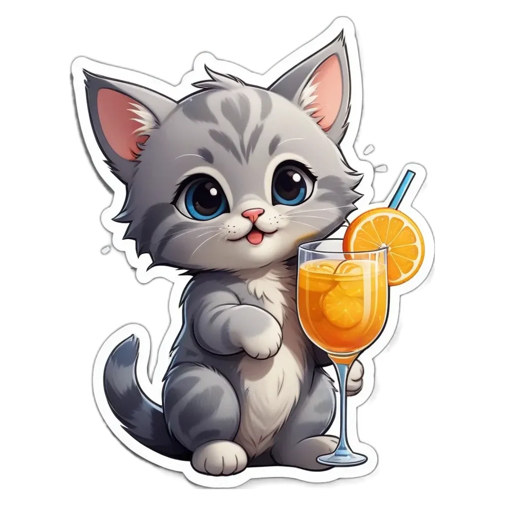 A cartoon gray and white cat holding a glass of orange juice.