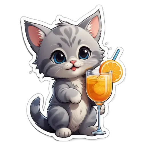 A cartoon gray and white cat holding a glass of orange juice.