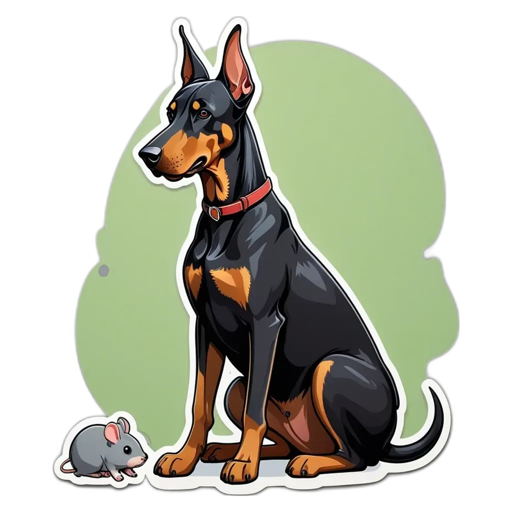 A cartoon doberman dog sitting while a mouse is on a plate.