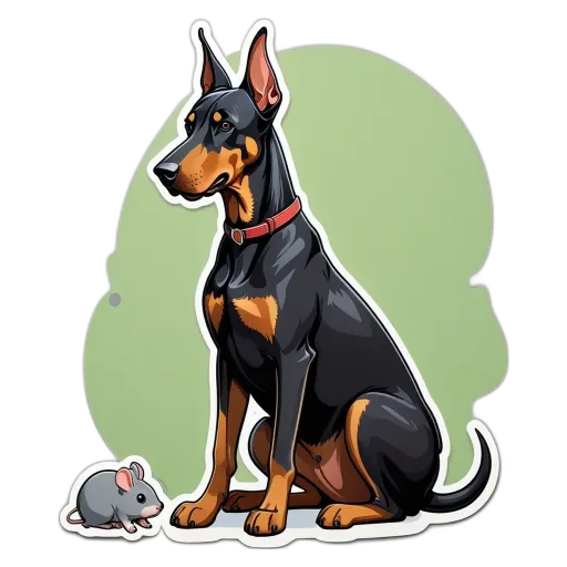 A cartoon doberman dog sitting while a mouse is on a plate.