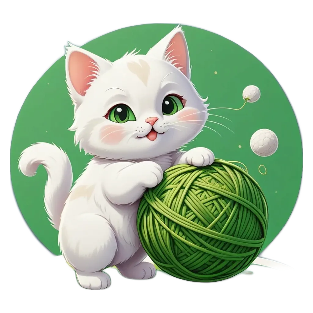 A white kitten playing with a ball of yarn.